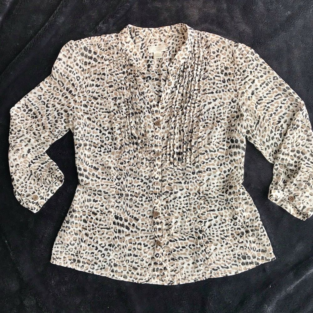 Christopher & Banks Leopard Print Button-Down Blouse Mob Wife Pleated Large